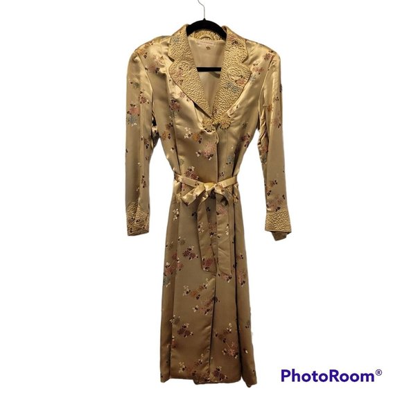 Unbranded Other - Vintage Chinese Womens Gold Silk Brocade Embroidered Long Coat Jacket Robe Small